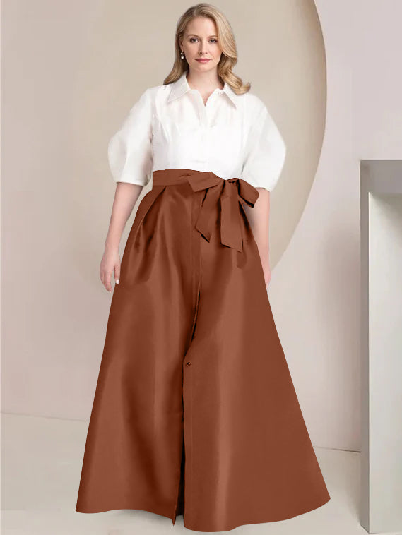 A Line Princess Shirt Collar Short Sleeves Floor Length Plus Size Mother Of The Bride Dresses With Bowknot