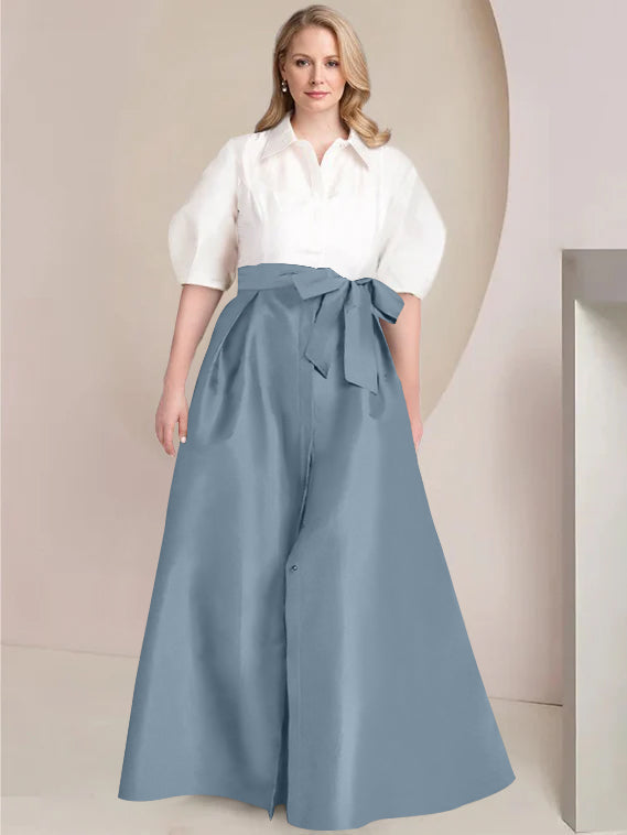 A Line Princess Shirt Collar Short Sleeves Floor Length Plus Size Mother Of The Bride Dresses With Bowknot