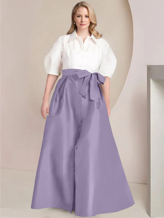 A Line Princess Shirt Collar Short Sleeves Floor Length Plus Size Mother Of The Bride Dresses With Bowknot