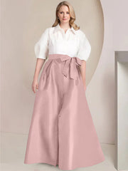 A Line Princess Shirt Collar Short Sleeves Floor Length Plus Size Mother Of The Bride Dresses With Bowknot