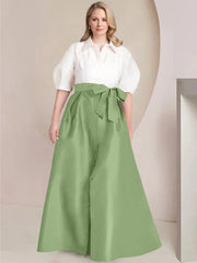 A Line Princess Shirt Collar Short Sleeves Floor Length Plus Size Mother Of The Bride Dresses With Bowknot