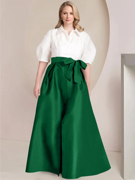 A Line Princess Shirt Collar Short Sleeves Floor Length Plus Size Mother Of The Bride Dresses With Bowknot