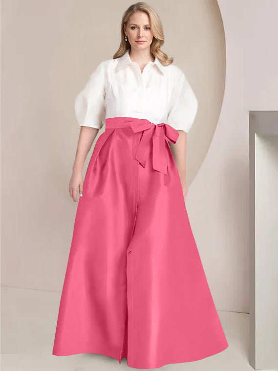A Line Princess Shirt Collar Short Sleeves Floor Length Plus Size Mother Of The Bride Dresses With Bowknot