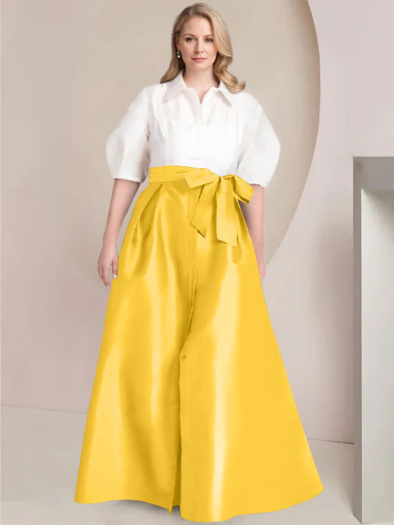 A Line Princess Shirt Collar Short Sleeves Floor Length Plus Size Mother Of The Bride Dresses With Bowknot