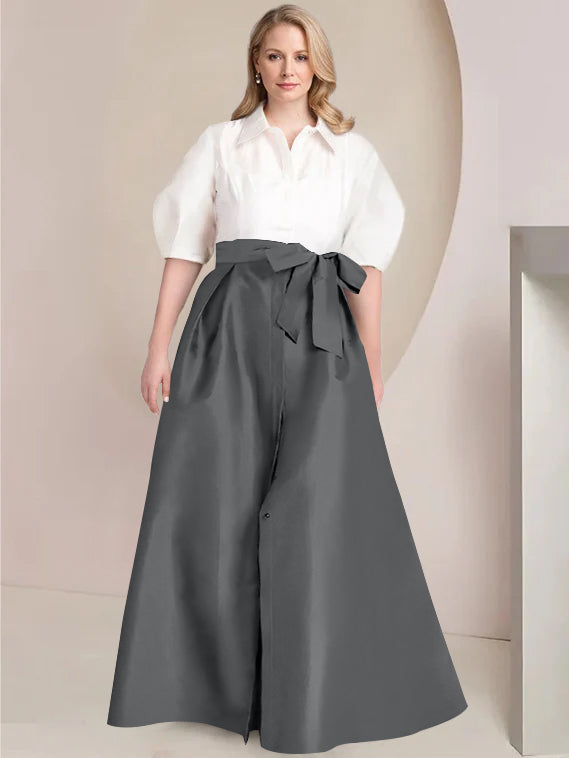 A Line Princess Shirt Collar Short Sleeves Floor Length Plus Size Mother Of The Bride Dresses With Bowknot