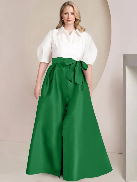 A Line Princess Shirt Collar Short Sleeves Floor Length Plus Size Mother Of The Bride Dresses With Bowknot