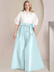 A Line Princess Shirt Collar Short Sleeves Floor Length Plus Size Mother Of The Bride Dresses With Bowknot