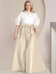 A Line Princess Shirt Collar Short Sleeves Floor Length Plus Size Mother Of The Bride Dresses With Bowknot