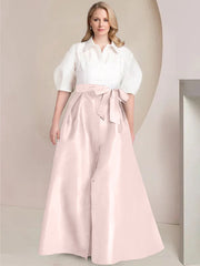 A Line Princess Shirt Collar Short Sleeves Floor Length Plus Size Mother Of The Bride Dresses With Bowknot