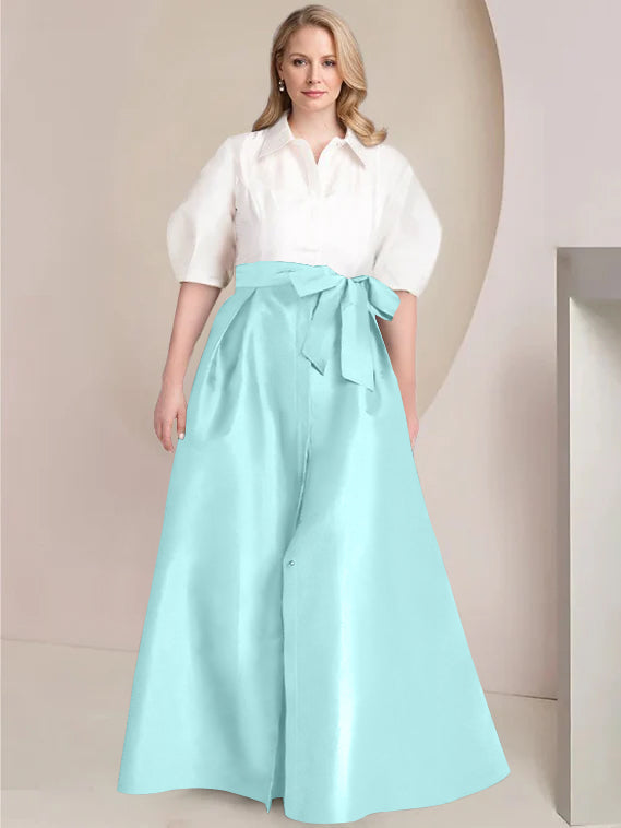 A Line Princess Shirt Collar Short Sleeves Floor Length Plus Size Mother Of The Bride Dresses With Bowknot