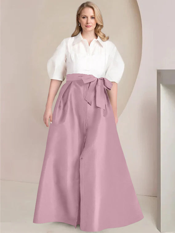 A Line Princess Shirt Collar Short Sleeves Floor Length Plus Size Mother Of The Bride Dresses With Bowknot
