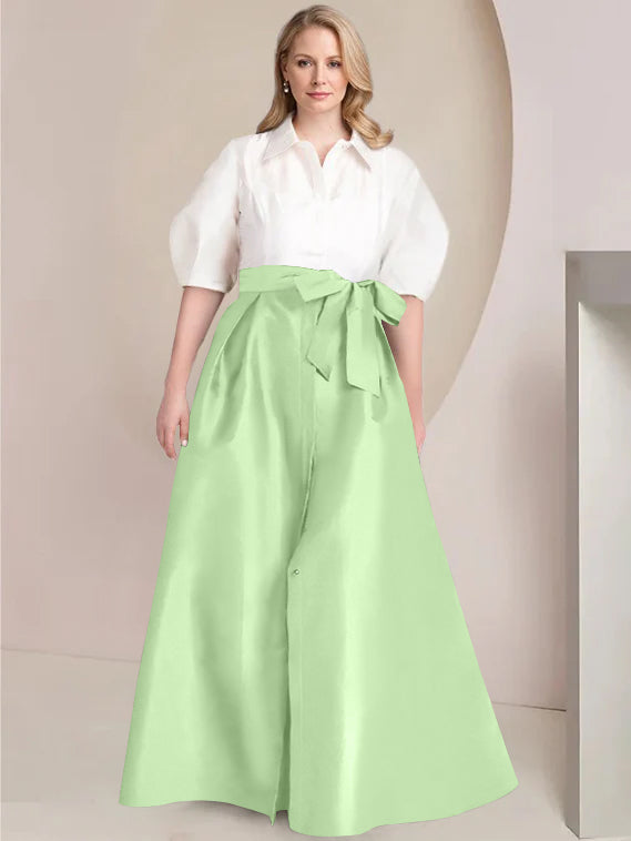 A Line Princess Shirt Collar Short Sleeves Floor Length Plus Size Mother Of The Bride Dresses With Bowknot