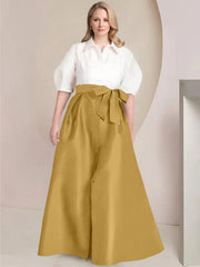 A Line Princess Shirt Collar Short Sleeves Floor Length Plus Size Mother Of The Bride Dresses With Bowknot
