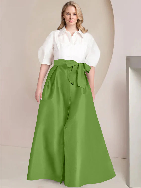 A Line Princess Shirt Collar Short Sleeves Floor Length Plus Size Mother Of The Bride Dresses With Bowknot