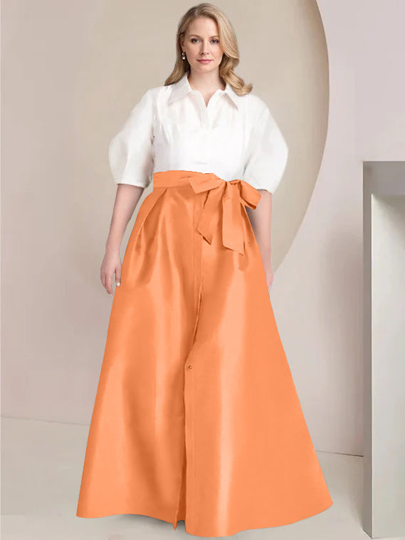 A Line Princess Shirt Collar Short Sleeves Floor Length Plus Size Mother Of The Bride Dresses With Bowknot