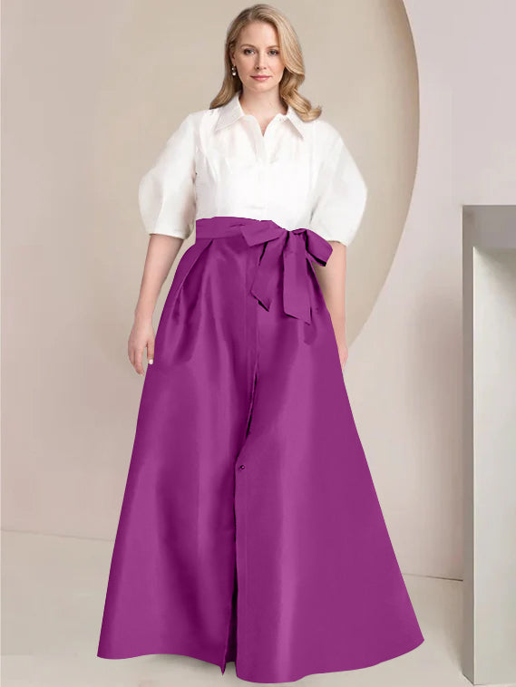 A Line Princess Shirt Collar Short Sleeves Floor Length Plus Size Mother Of The Bride Dresses With Bowknot