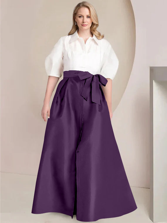 A Line Princess Shirt Collar Short Sleeves Floor Length Plus Size Mother Of The Bride Dresses With Bowknot