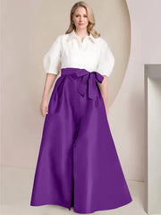 A Line Princess Shirt Collar Short Sleeves Floor Length Plus Size Mother Of The Bride Dresses With Bowknot