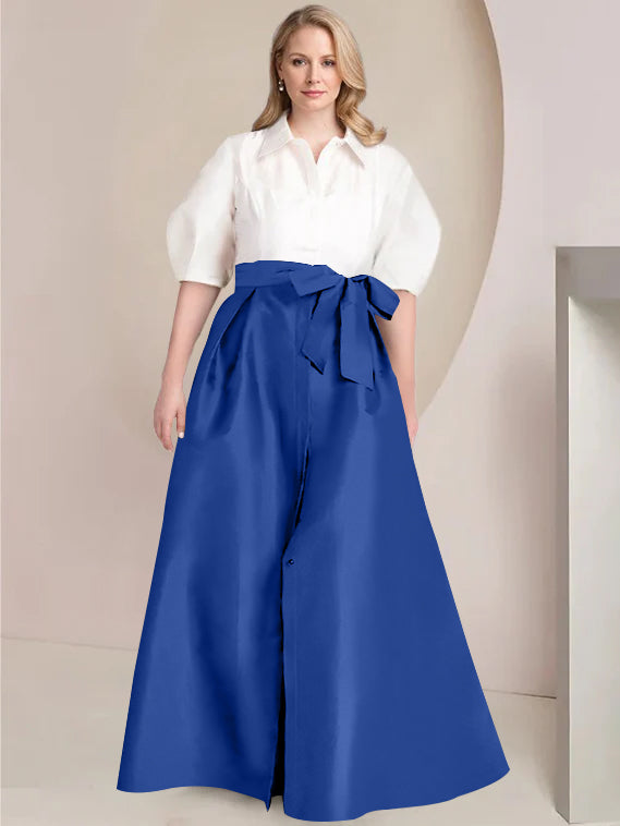 A Line Princess Shirt Collar Short Sleeves Floor Length Plus Size Mother Of The Bride Dresses With Bowknot
