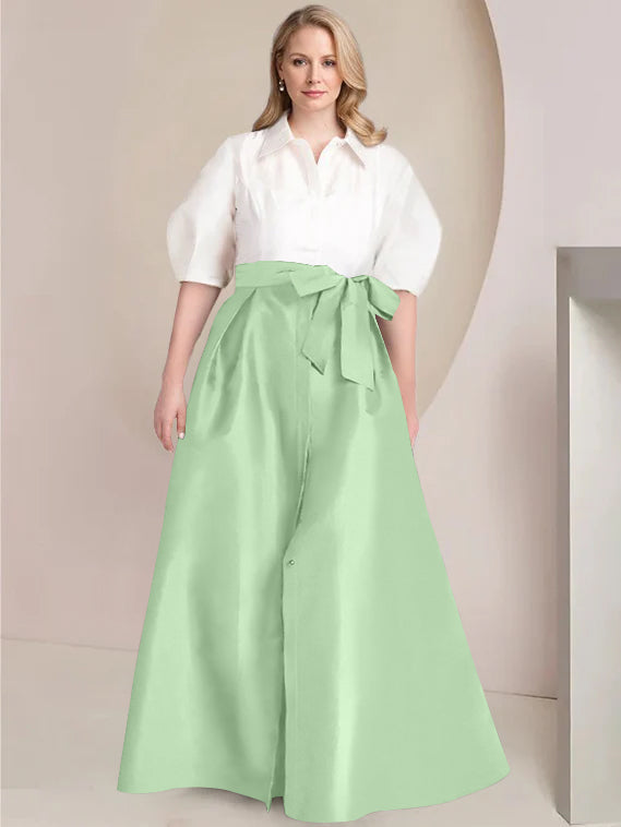 A Line Princess Shirt Collar Short Sleeves Floor Length Plus Size Mother Of The Bride Dresses With Bowknot