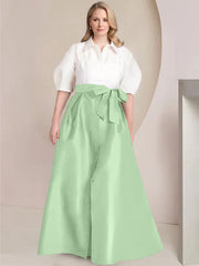 A Line Princess Shirt Collar Short Sleeves Floor Length Plus Size Mother Of The Bride Dresses With Bowknot