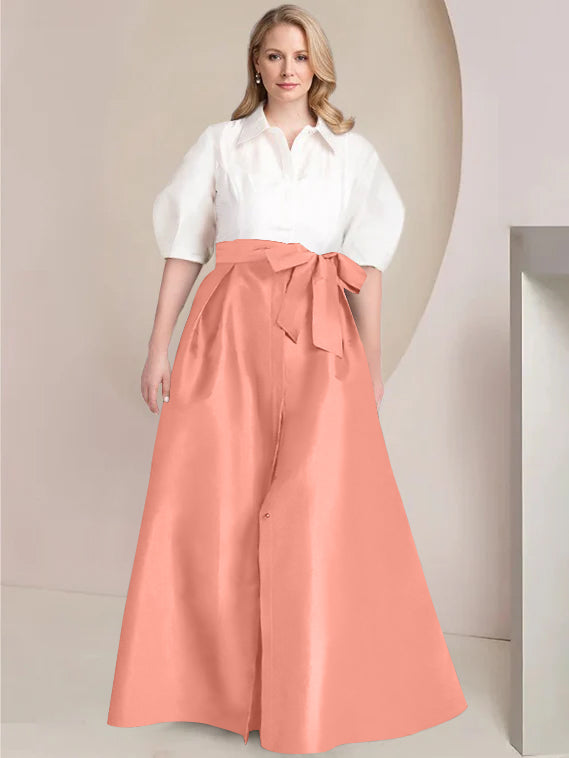 A Line Princess Shirt Collar Short Sleeves Floor Length Plus Size Mother Of The Bride Dresses With Bowknot
