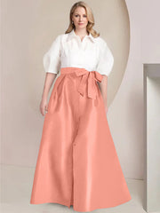 A Line Princess Shirt Collar Short Sleeves Floor Length Plus Size Mother Of The Bride Dresses With Bowknot