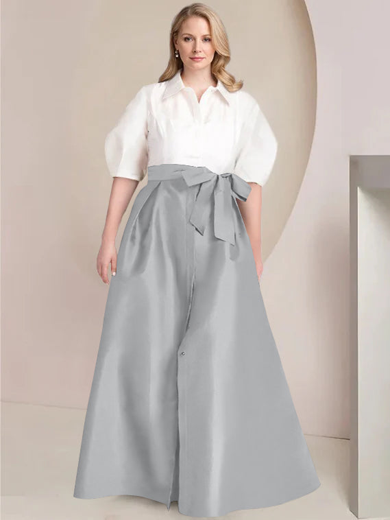 A Line Princess Shirt Collar Short Sleeves Floor Length Plus Size Mother Of The Bride Dresses With Bowknot