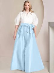 A Line Princess Shirt Collar Short Sleeves Floor Length Plus Size Mother Of The Bride Dresses With Bowknot