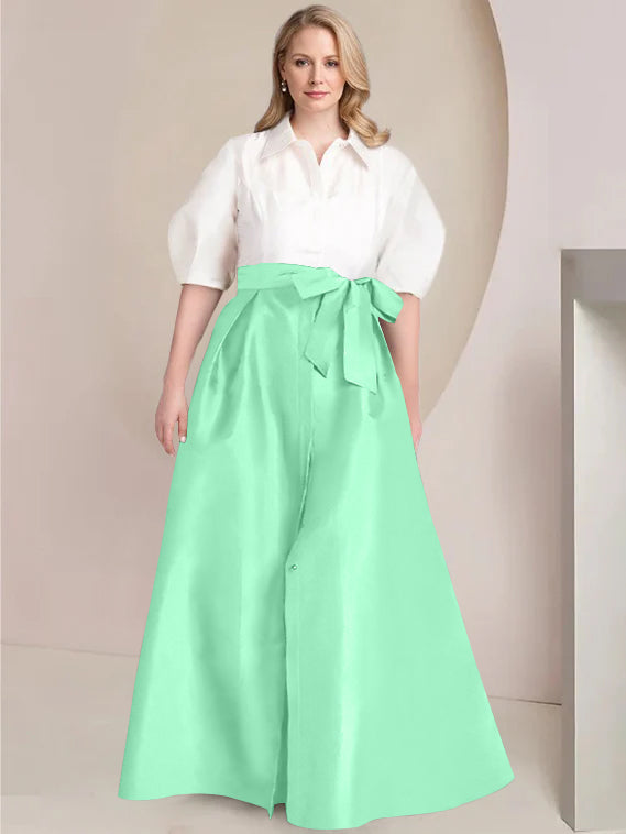 A Line Princess Shirt Collar Short Sleeves Floor Length Plus Size Mother Of The Bride Dresses With Bowknot
