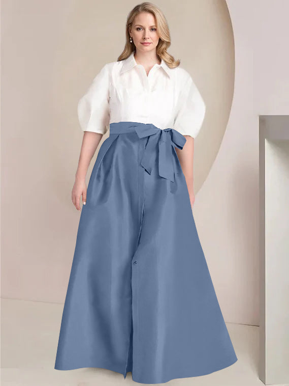 A Line Princess Shirt Collar Short Sleeves Floor Length Plus Size Mother Of The Bride Dresses With Bowknot