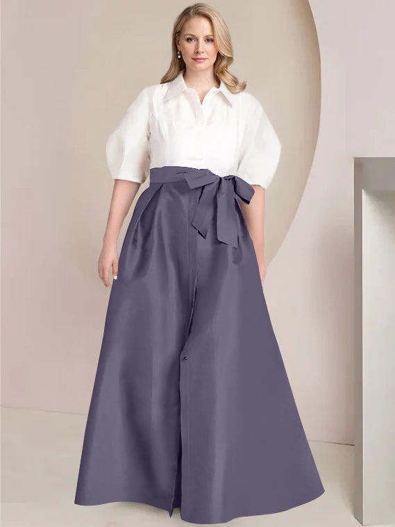 A Line Princess Shirt Collar Short Sleeves Floor Length Plus Size Mother Of The Bride Dresses With Bowknot