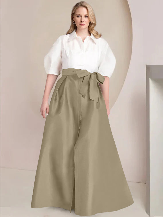 A Line Princess Shirt Collar Short Sleeves Floor Length Plus Size Mother Of The Bride Dresses With Bowknot