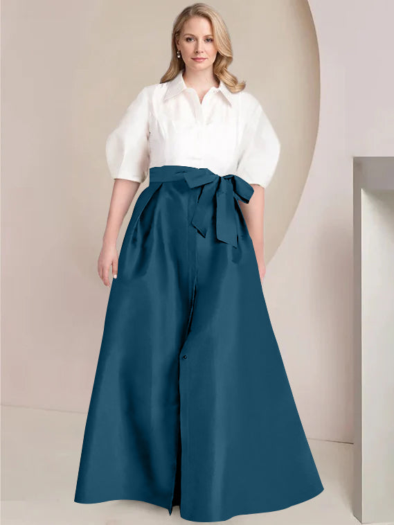 A Line Princess Shirt Collar Short Sleeves Floor Length Plus Size Mother Of The Bride Dresses With Bowknot
