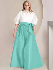 A Line Princess Shirt Collar Short Sleeves Floor Length Plus Size Mother Of The Bride Dresses With Bowknot