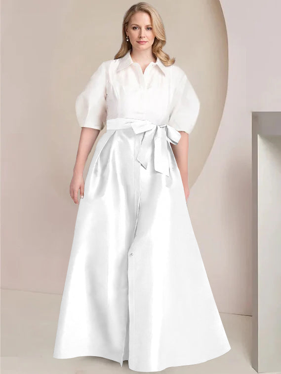 A Line Princess Shirt Collar Short Sleeves Floor Length Plus Size Mother Of The Bride Dresses With Bowknot