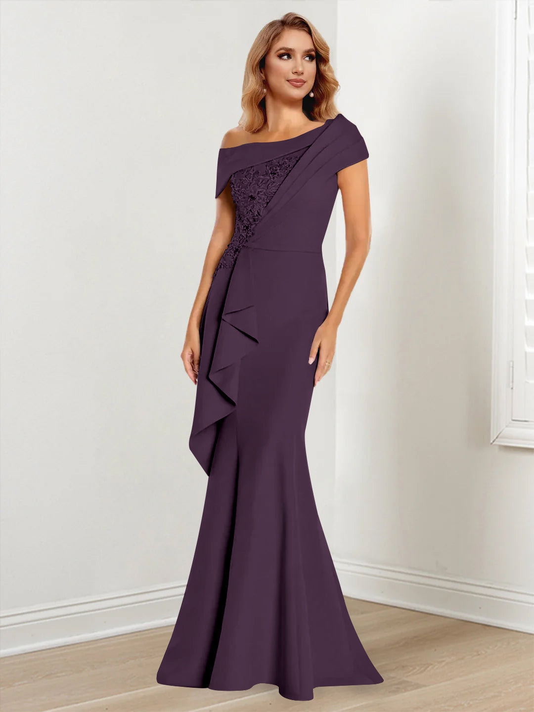 Trumpet Mermaid One Shoulder Long Sleeves Mother Of The Bride Dresses With Lace