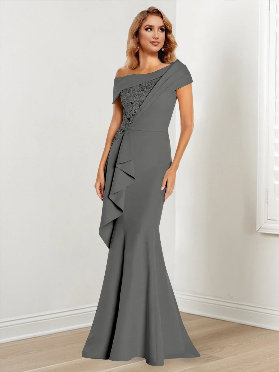 Trumpet Mermaid One Shoulder Long Sleeves Mother Of The Bride Dresses With Lace