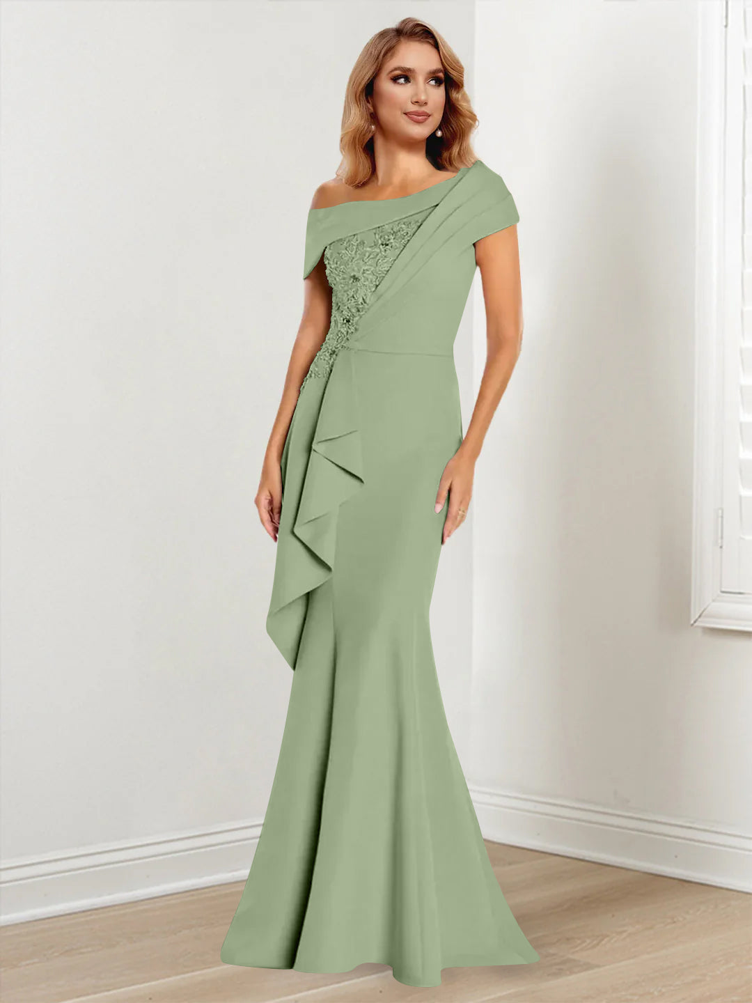 Trumpet Mermaid One Shoulder Long Sleeves Mother Of The Bride Dresses With Lace
