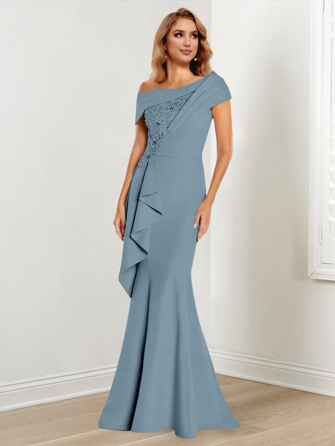 Trumpet Mermaid One Shoulder Long Sleeves Mother Of The Bride Dresses With Lace