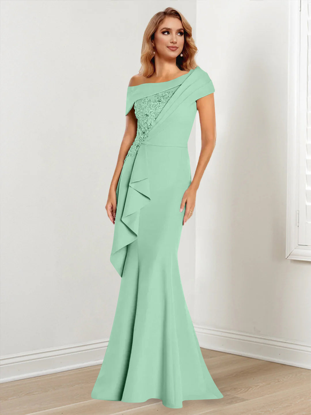 Trumpet Mermaid One Shoulder Long Sleeves Mother Of The Bride Dresses With Lace