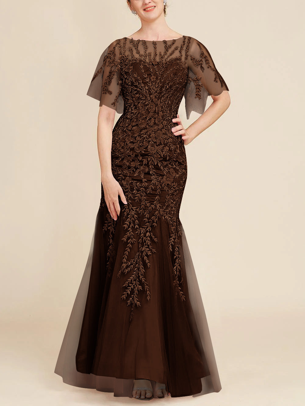 Trumpet Mermaid Scoop Half Sleeves Floor Length Mother Of The Bride Dresses With Lace