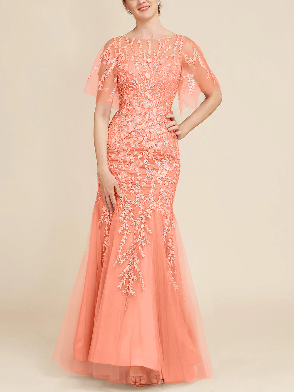 Trumpet Mermaid Scoop Half Sleeves Floor Length Mother Of The Bride Dresses With Lace