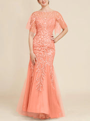 Trumpet Mermaid Scoop Half Sleeves Floor Length Mother Of The Bride Dresses With Lace