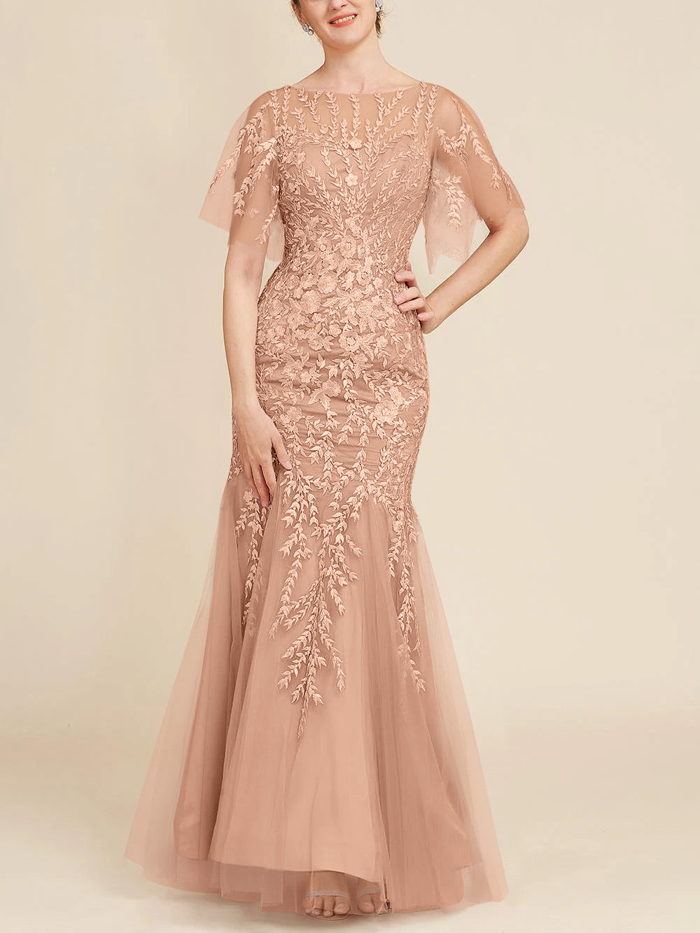 Trumpet Mermaid Scoop Half Sleeves Floor Length Mother Of The Bride Dresses With Lace
