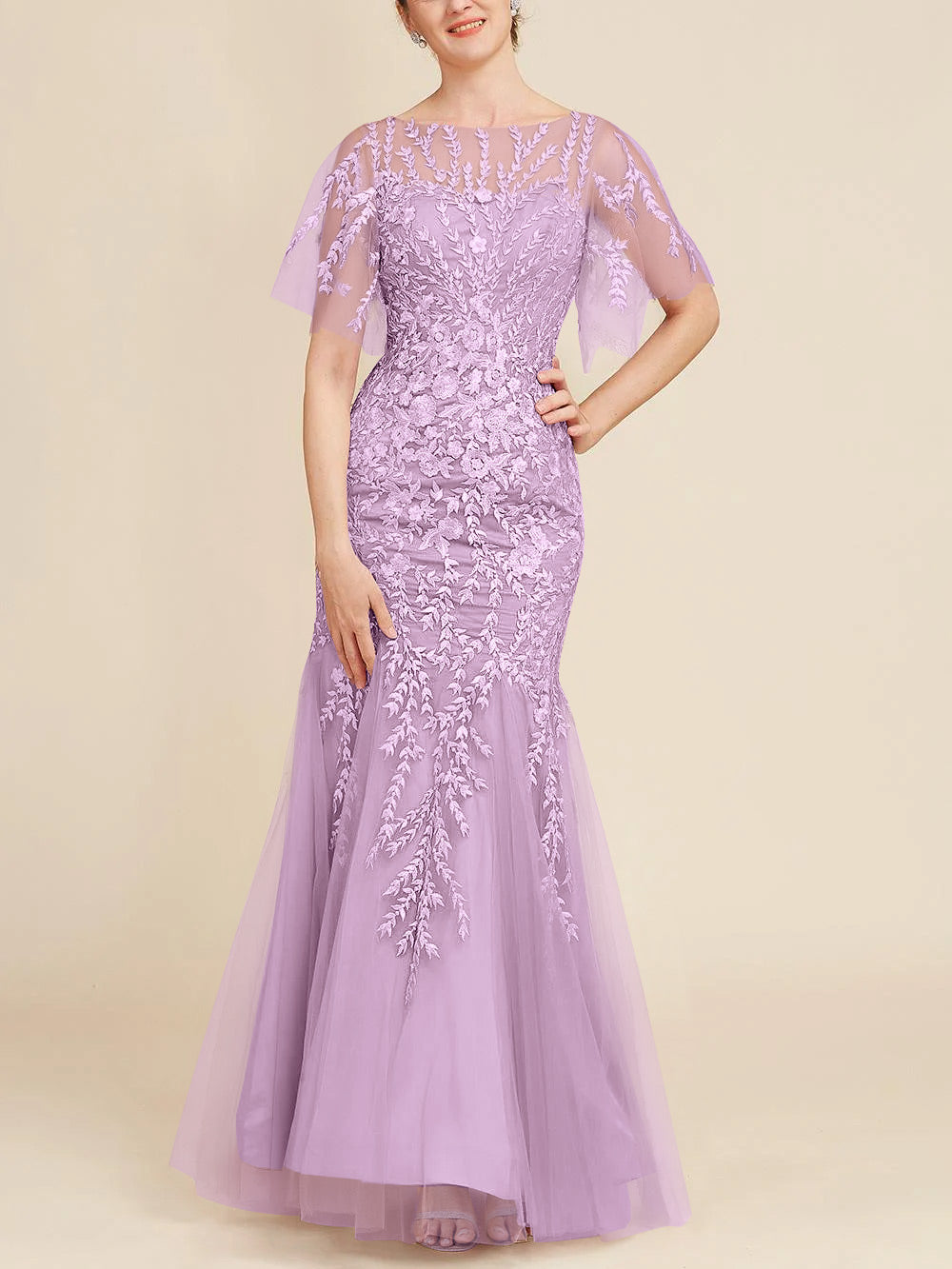 Trumpet Mermaid Scoop Half Sleeves Floor Length Mother Of The Bride Dresses With Lace
