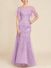 Trumpet Mermaid Scoop Half Sleeves Floor Length Mother Of The Bride Dresses With Lace