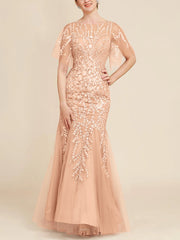 Trumpet Mermaid Scoop Half Sleeves Floor Length Mother Of The Bride Dresses With Lace