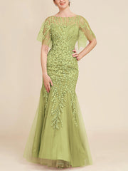Trumpet Mermaid Scoop Half Sleeves Floor Length Mother Of The Bride Dresses With Lace