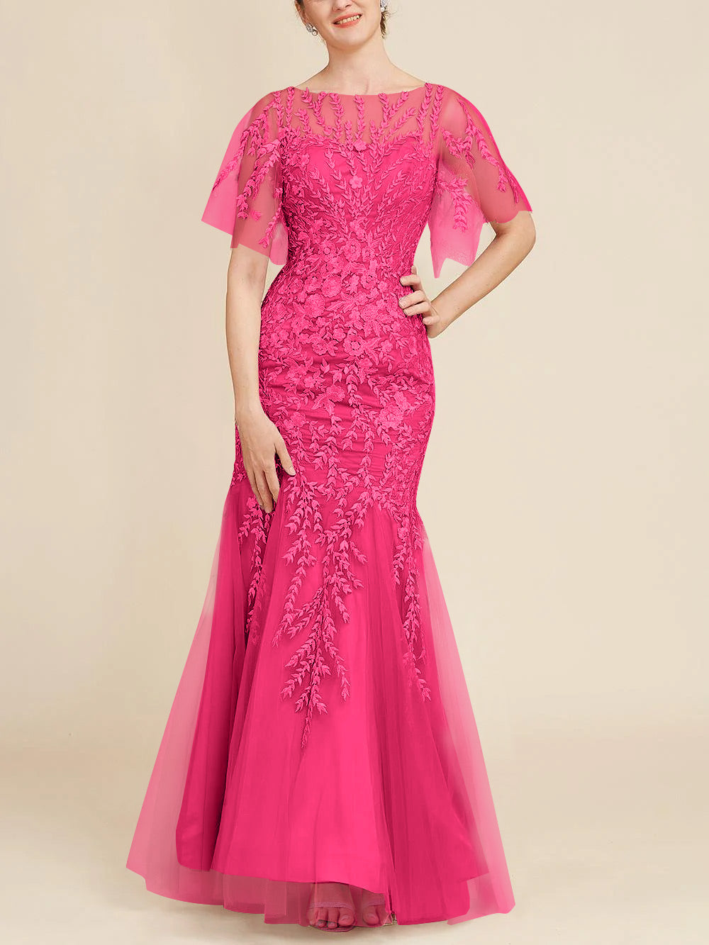 Trumpet Mermaid Scoop Half Sleeves Floor Length Mother Of The Bride Dresses With Lace